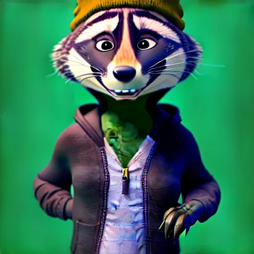 Prompt: a very relaxed stoner with a black hoodie on with a marijuana themed dark green raccoon head from zootopia, wearing beanie, smoking, 3 d, blender 3 d, render, extremely detailed, 8 k, detailed fur