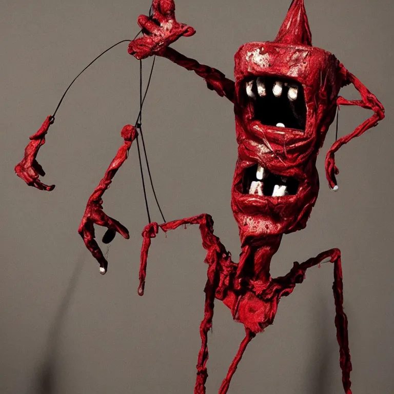 Prompt: a marionette puppet hanging limp with blood running from his eyes, by wayne barlow, highly detailed, horror themed, stark light and shadows