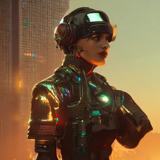 Image similar to trending on artstation 4k, unreal engine render, beautiful close-up illustration of military woman standing in cyberpunk city