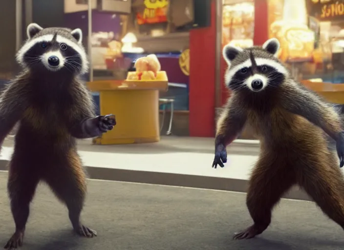Image similar to film still of Rocket Racoon working at McDonald's in the new Avengers movie, 4k