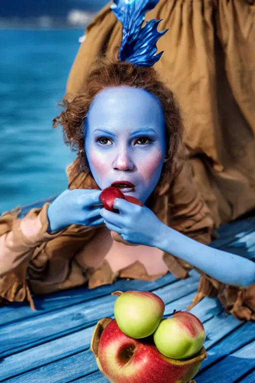 Prompt: close up of a blue skinned triton girl from dnd eating an apple and sitting on the deck of a ship, cosplay, high resolution film still, hdr color
