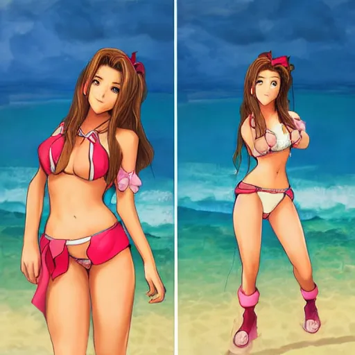 Image similar to beautiful aerith from final fantasy in a bikini on the beach making eye contact drawn by keith garvey