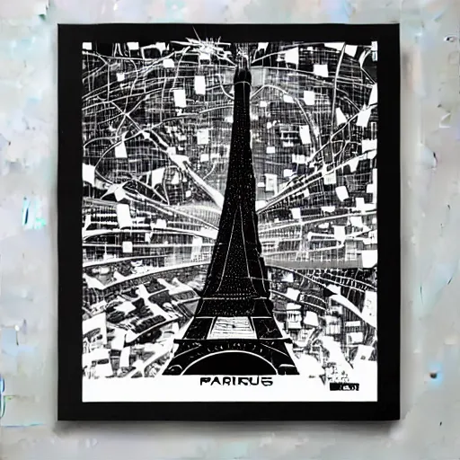 Image similar to Comic artwork of a dark futuristic version Paris in France with drones flying around the Eiffel tower