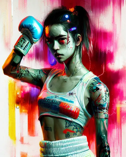 Image similar to detailed portrait Neon boxer Girl, cyberpunk futuristic neon, reflective crop top and shorts, boxing gloves, decorated with traditional Japanese ornaments by Ismail inceoglu dragan bibin hans thoma greg rutkowski Alexandros Pyromallis Nekro Rene Maritte Illustrated, Perfect face, fine details, realistic shaded, fine-face, pretty face