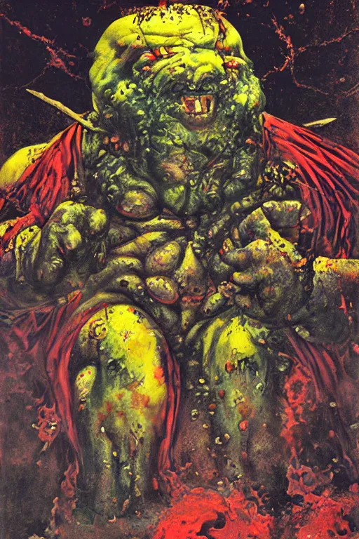 Prompt: surreal a hulking herculeanjohn candy as nurgle the unclean in a post apocalyptic hellscape, esoteric symbolism, intense emotional power, red yellow black, palette knife oil painting by peter booth and william blake