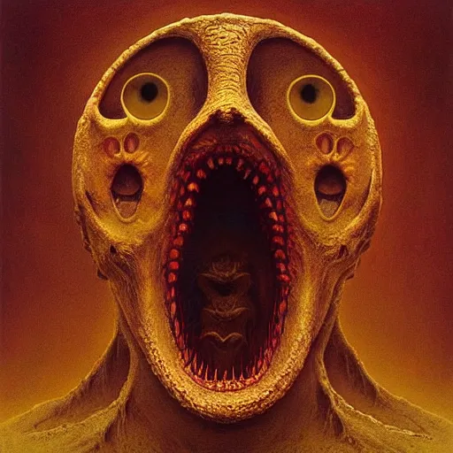 Prompt: “bird like human with many eyes and teeth, Zdzislaw Beksiński, photography, 8k resolution, highly detailed, HDR, golden hour”
