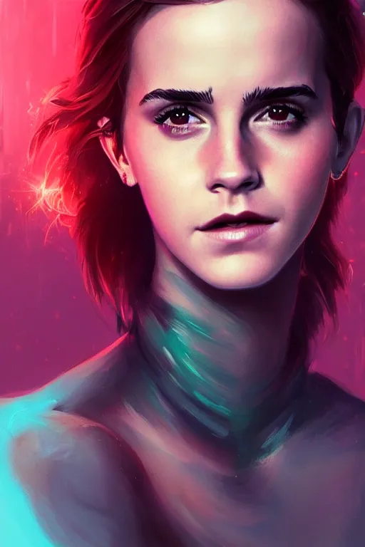 Prompt: portrait of emma watson a scaly skin and biotechnical parts and neon light by Artgerm and Greg Rutkowski , digital painting, highly detailed, trending on artstation