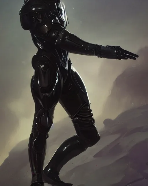 Image similar to iridescent sinewy smooth muscular male sleek glossy black pearlescent scifi armor with smooth black featureless helmet, by greg rutkowski and mark brookes and jim burns and tom bagshaw and magali villeneuve, trending on artstation