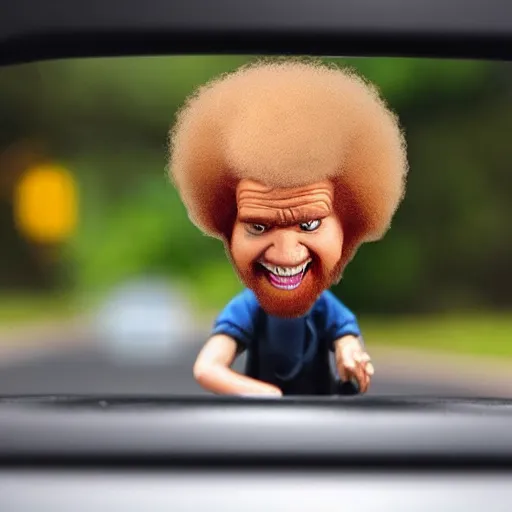 Image similar to a tiny screaming angry bob ross running your in rear view mirror