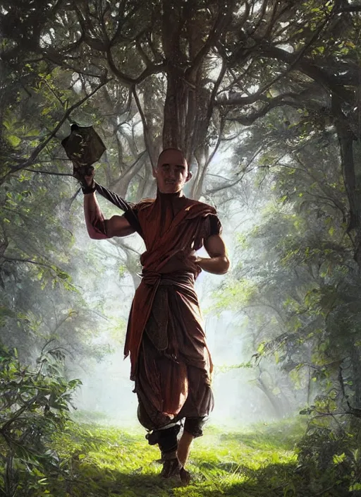 Prompt: a portrait painting of a male monk fighter wearing leather armor on a beautiful lush forest meadow, morning, art by Tristan Eaton, Stanley Artgerm, Tom Bagshaw, Greg Rutkowski, Carne Griffiths