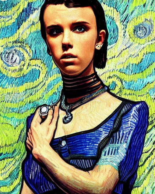 Image similar to cyberpunk millie bobby brown by vincent van gogh