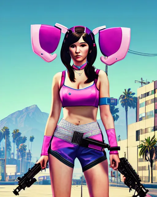 Image similar to gta 5, grand theft auto 5 cover art of d. va from overwatch