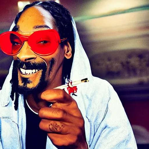 Image similar to Snoop Dog with big eyes eye color red , smiling and holding a joint in his hand