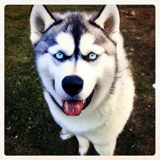 Image similar to a siberian husky with heterochromia eating a pile of shit