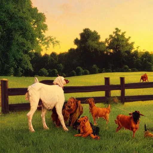 Image similar to feeding the farm dogs at sunrise, 4 k, by bob ross and norman rockwell