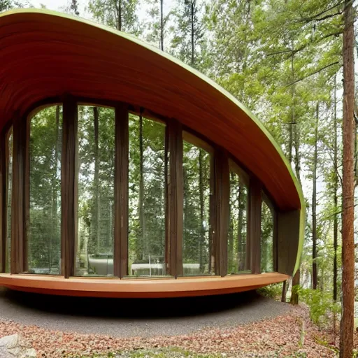 Prompt: a large modern cabin, with curved shapes and ergonomic design,