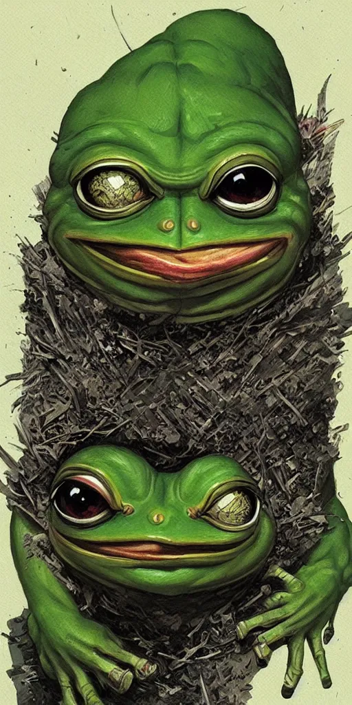 Prompt: Portrait of Pepe The Frog, marvel comics, dark, intricate, highly detailed, smooth, artstation, 4k digital illustration by Greg Rutkowski