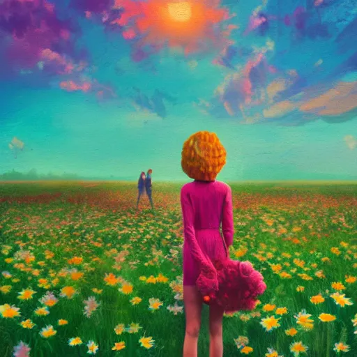 Prompt: many daisy flowers as a head, full body, girl walking in a flower field, surreal photography, sunrise dramatic light, impressionist painting, colorful clouds, digital painting, artstation, simon stalenhag, flower face