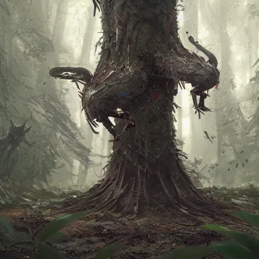 Prompt: a living tree with legs and a tail, in the shape of a rat, in a corrupted forest, by greg rutkowski, trending on art station, highly detailed, magic the gathering, matte painting