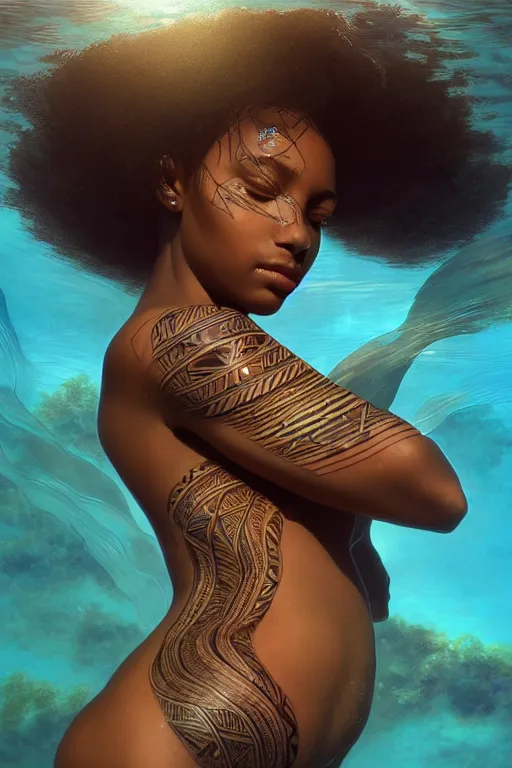 Image similar to body portrait of beautiful nubian ancestral tribal tattooed young pincess, underwater photography full body portrait of a young beautiful woman swimming low angle by terry o'neill intricate, elegant, highly detailed, digital painting, artstation, concept art, smooth, sharp focus, illustration, art by artgerm and greg rutkowski and alphonse mucha, 8 k