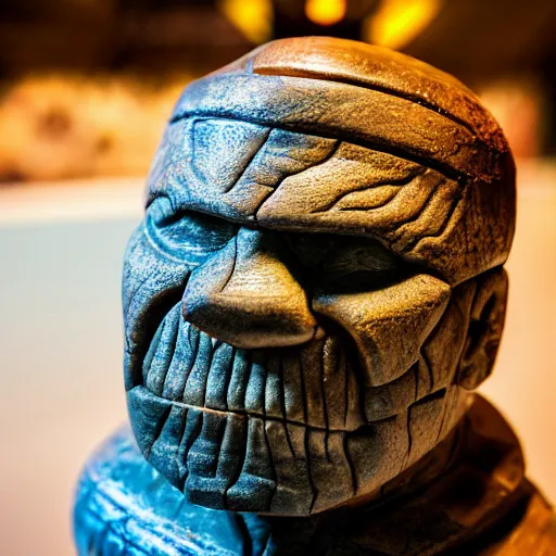 Image similar to a closeup photorealistic photograph of ben grimm's face on a tiki mug at trader vic's beach bar. fantastic four. tiki culture. bright scene. fine detail. this 4 k hd image is trending on artstation, featured on behance, well - rendered, extra crisp, features intricate detail, epic composition and the style of unreal engine.