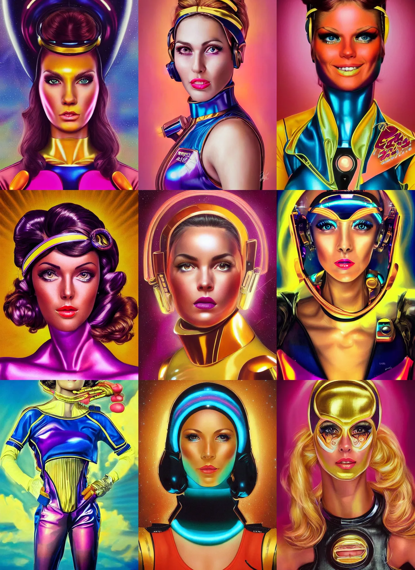 Prompt: gorgeous android woman portrait dressed in an aerobic outfit of the eighties with golden colors and head band, eyes and lips smiling, retro, beautiful lights, vintage look, hyper realistic, illustration, airbrush, 8 k, intricate, duo tone, art by david la chapelle and philip castle, artgerm