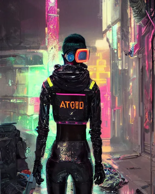 Image similar to detailed portrait neon guard girl with goggles seen from the back, cyberpunk futuristic, reflective puffer jacket, black leggings, decorated with traditional ornaments in front of a dystopian street with piles of garbage by ismail inceoglu dragan bibin hans thoma, perfect face, fine details, realistic shaded, fine - face, pretty face