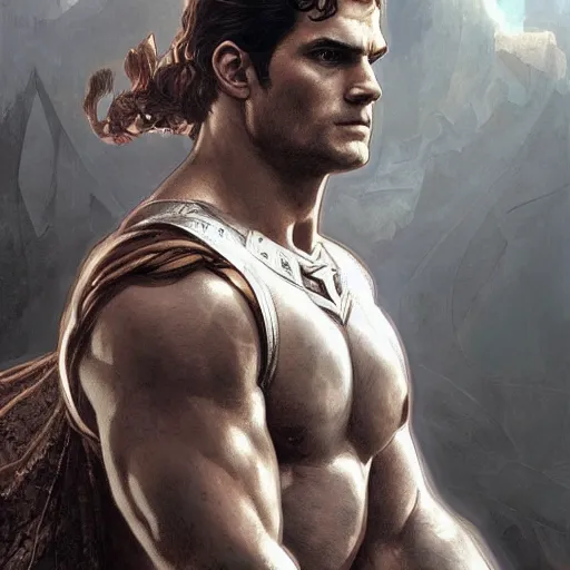 Prompt: henry cavill as a roman gladiator, upper body, muscular, fantasy, intricate, elegant, highly detailed, digital painting, artstation, concept art, smooth, sharp focus, illustration, art by artgerm and greg rutkowski and alphonse mucha