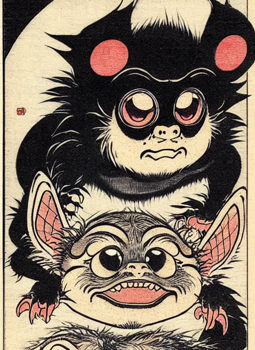 Image similar to a mogwai from gremlins ( 1 9 8 4 ) as a yokai illustrated by kawanabe kyosai and toriyama sekien