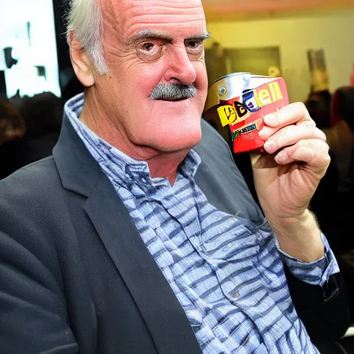 Prompt: John Cleese drinking a redbull