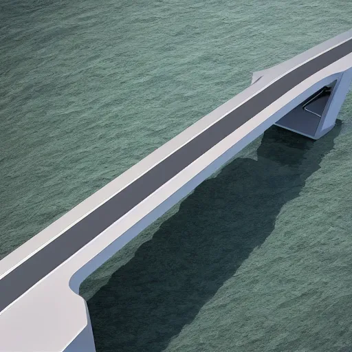 Image similar to ” futuristic pontoon bridge surrounded by water, by simon stalhagen ”