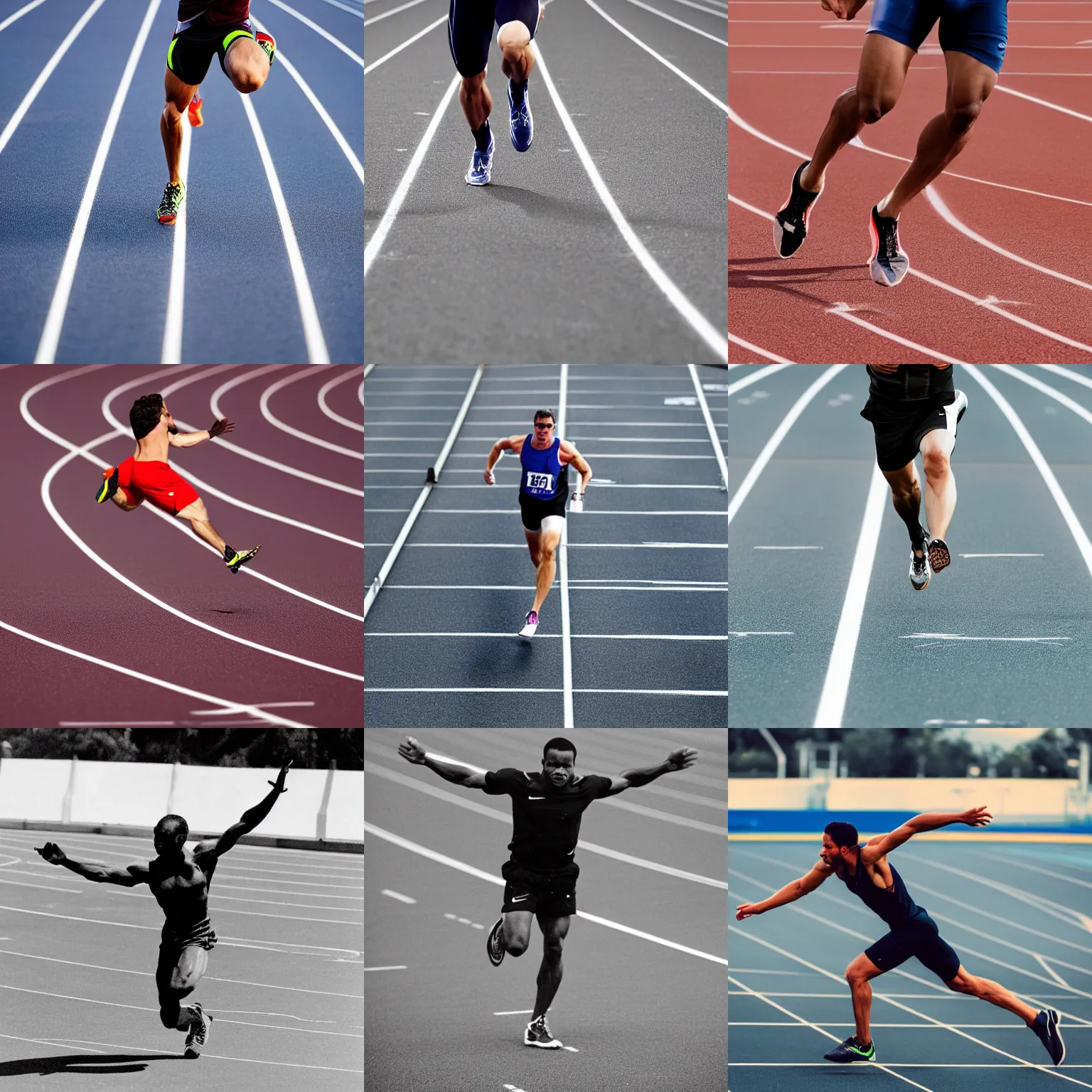 Prompt: photo of an athlete on a running track leaning forward with his arms outstretched behind him