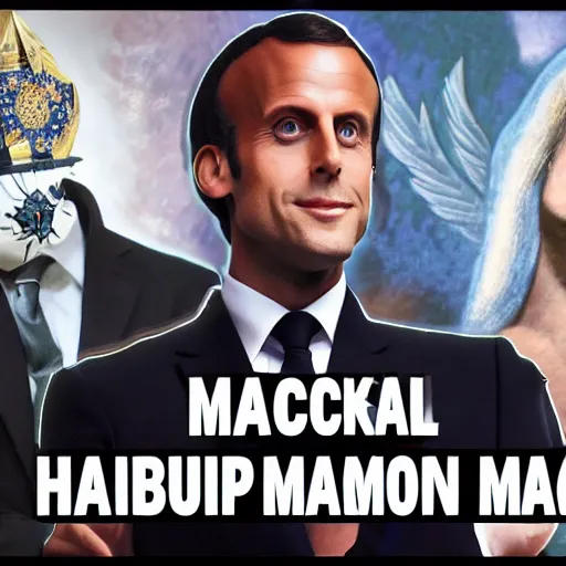 Image similar to emanuel macron hacking his way to illuminati council, freemason, epic, esoteric, matte painting, ultra detailled