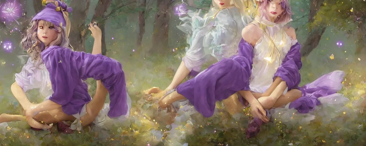 Prompt: Full View of a mysterious fairy maidens with short blond hair wearing an oversized purple Beret, Baggy Purple overall shorts, Short Puffy pants made of silk, silk shoes, a big billowy scarf, Golden Ribbons, white leggings Covered in stars. Short Hair. peasant magic. masterpiece 4k digital illustration by Ruan Jia and Mandy Jurgens and Artgerm and william-adolphe bouguereau, award winning, Artstation, art nouveau aesthetic, Alphonse Mucha background, intricate details, realistic, panoramic view, Hyperdetailed, 8k resolution, intricate art nouveau, smooth, sharp focus