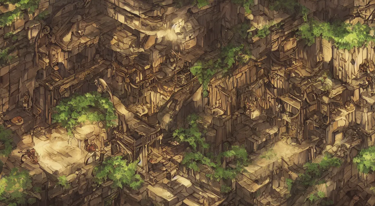 Image similar to open door wood wall fortress airship greeble block amazon jungle vanillaware fanart arstation by sung choi and eric pfeiffer and gabriel garza and casper konefal