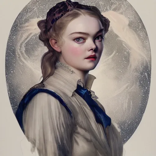 Prompt: leyendecker and peter paul rubens, head and shoulders portrait of a elle fanning in bloodborne, nighttime, starry sky, unreal engine, fantasy art by global illumination, radiant light, detailed and intricate environment