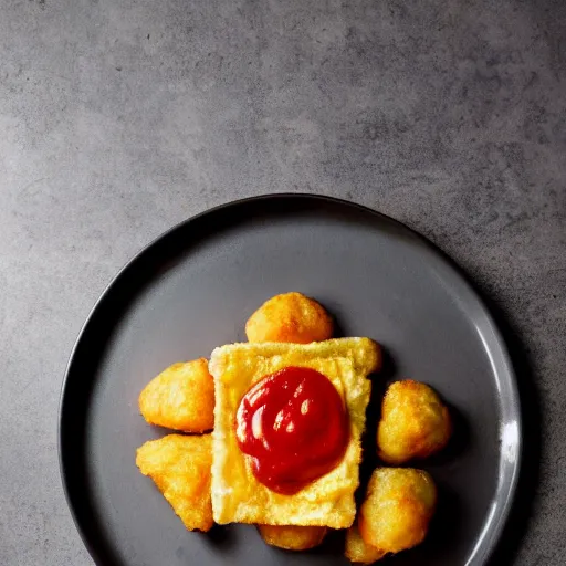 Image similar to food photo of channing tatum's face as giant tater tot on a plate with ketchup