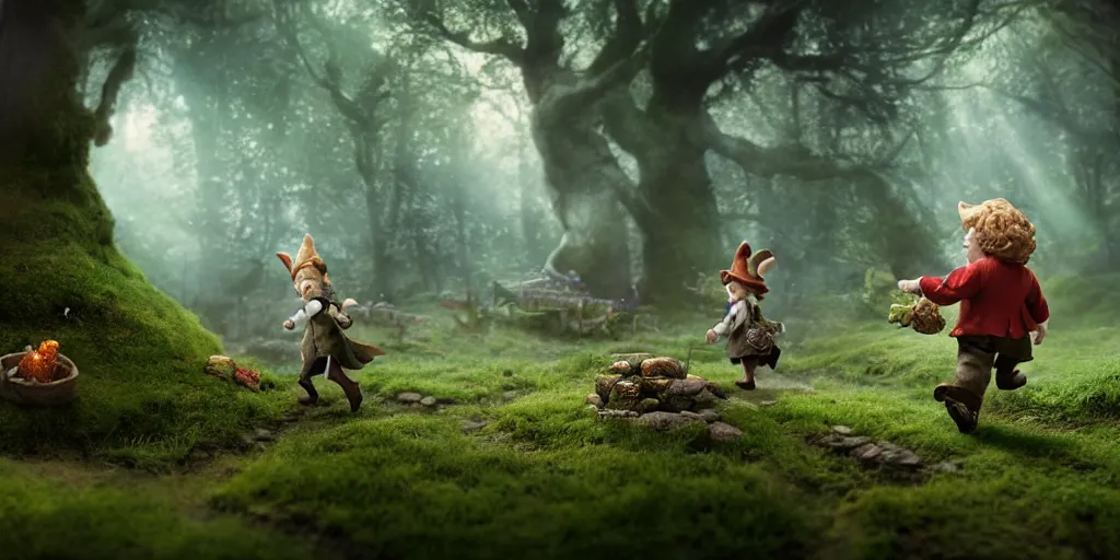 Image similar to bilbo baggins running into the white rabbit in a clearing in the middle of an enchanted forest, steampunk illustration, photorealistic color drawing, toadstools and fairies, gnomes and giants in the distance, 8 k resolution, octane render, dramatic lighting, cinematic angle,
