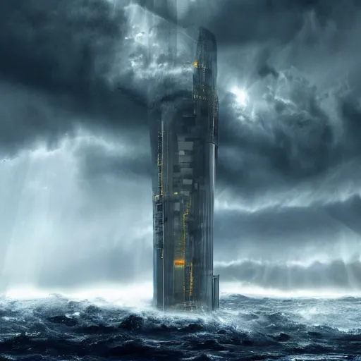 Prompt: Massive tower in the middle of an stormy sea in 24th century, tornadoes, realistic photo