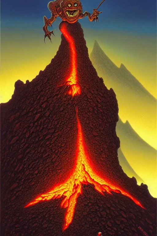 Prompt: classic oil painting, a crawling monster made of lava, as a dnd character, emerging from the top of a volcano, cottagecore, cute, highly detailed, digital illustration, concept art, smooth, sharp focus, art by tim hildebrandt, and greg hildebrandt