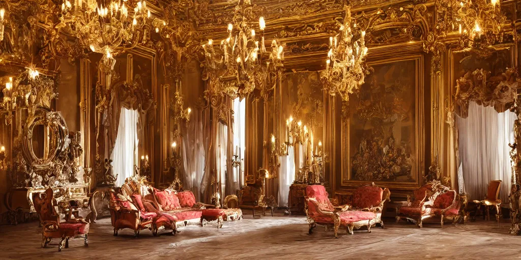 Prompt: highly detailed long-shot photo of a long hair princess in the middle of a baroque dreamy room full of renaissance furniture, cinematic lighting, intricate, 4k resolution, elegant