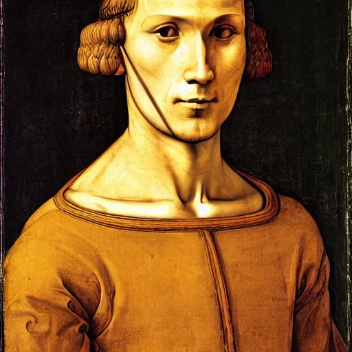 Image similar to Portrait of a medieval nobleman, tan skin and brown hair, clean shaven, big nosed with many scars. by leonardo da vinci