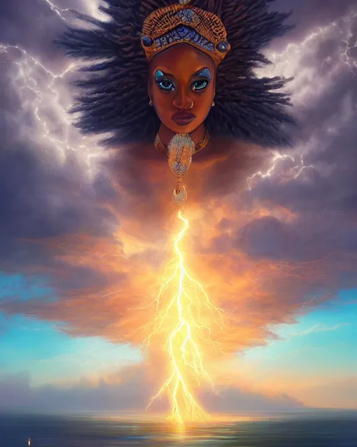 Image similar to a beautiful oil on canvas of a beautiful orisha god majestic, lightning, ornate, detailed, intricate, beautiful sea in the background, epic sky, vray render, artstation, deviantart, pinterest, sci - fi, afrofuturism, 5 0 0 px models