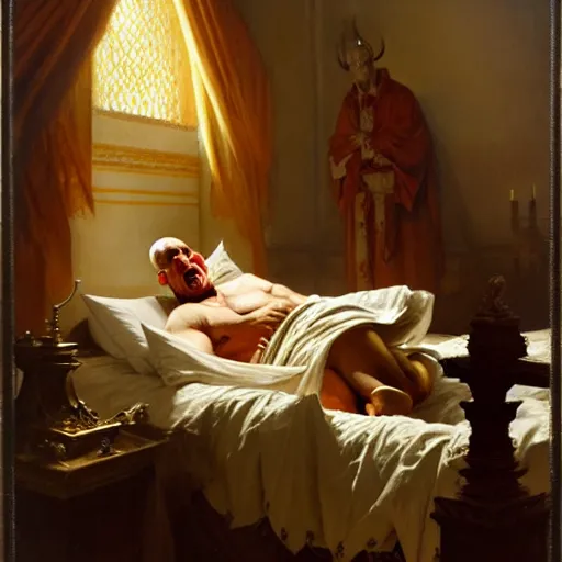 Image similar to the pope is in his bed, nervous and terrified, because a double horned shadow demon from hell is attacking him. highly detailed painting by gaston bussiere, j. c. leyendecker, greg rutkowski, craig mullins 8 k