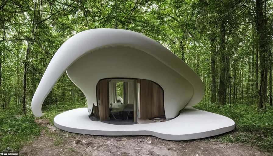 Image similar to A unique innovative and contemporary creative cabin in a lush green forest with soft rounded corners and angles, 3D printed line texture, made of cement, connected by sidewalks, public space, and a park, Design and style by Zaha Hadid, Wes Anderson and Gucci