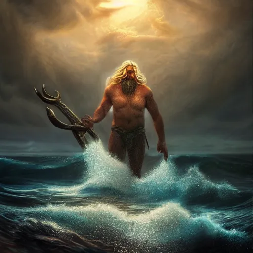 Prompt: gigantic, commanding menacing vengeful ancient god poseidon rising out of the ocean waters portrait, mysterious atmospheric lighting, painted, intricate, volumetric lighting, beautiful, rich deep colours masterpiece, golden hour, sharp focus, ultra detailed, by leesha hannigan, ross tran, thierry doizon, kai carpenter, ignacio fernandez rios