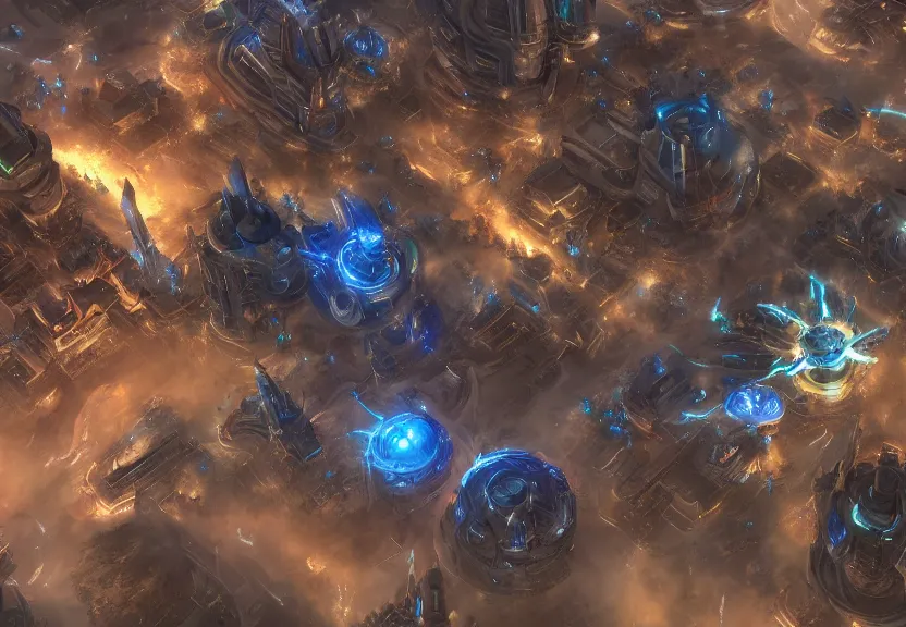 Image similar to protoss spaceship attacking zerg city from above beautiful art uhd 4 k, artstation, hdr, 4 k, incredible detail, cinematic lighting, unreal engine 5