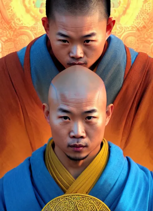 Image similar to male shaolin monk with a pigtail!!!! asian facial features and blue eyes!! intricate ornate blue robes!! character concept art, sharp focus, octane render! unreal engine 5! highly rendered!! trending on artstation!! detailed linework!! illustration by artgerm, wlop, and chie yoshii