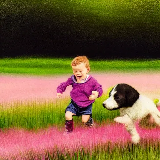 Prompt: child chasing a puppy running through a field of pink grass, matte painting, muted colors, extremely detailed, aesthetic