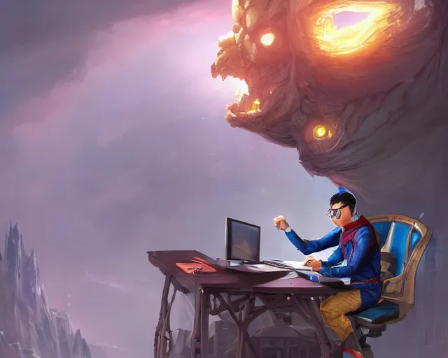 Prompt: an insanely detailed painting of a nerdy asian man wearing a superhero costume, sitting at a desk, staring at the nervously at the computer and typing, in the style of peter mohrbacher, dramatic lighting and composition, octane render, pixar, trending on artstation, concept art, comic book, view from behind